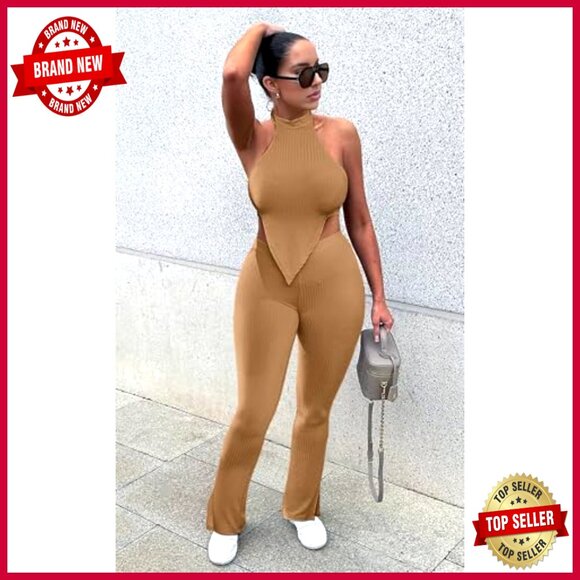 Sleeveless Crop Top High Waist Long Pants Set Ribbed Polyester Spandex - Picture 3 of 7